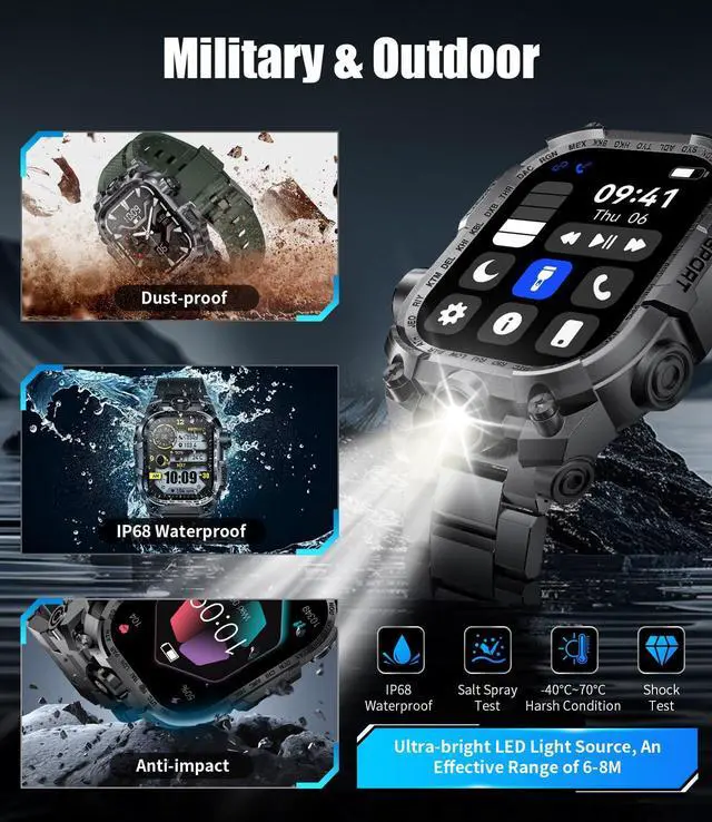 Alt view image 4 of 6 - Men's Military Smart Watch (Answer/Make Calls) 2 Inch HD Screen Outdoor Sport Smartwatch with LED Flashlight 700mAh Battery,Heart Rate/Sleep Monitor Fitness,Green (Gray)