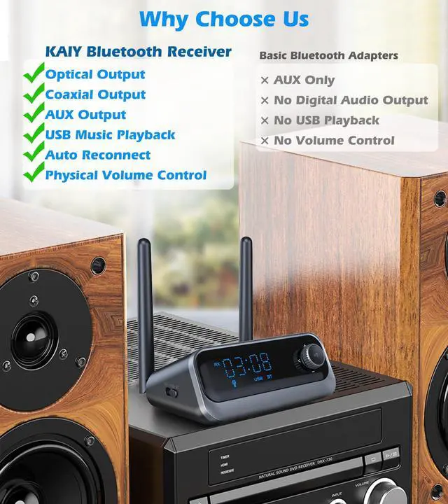 Alt view image 4 of 7 - Bluetooth Receiver for Home Stereo & Wired Speakers Audio Upgrade | Bluetooth Adapter for Stereo Receiver with Optical/Coaxial/AUX, USB Music Playback for Old Amplifier & Home Audio System