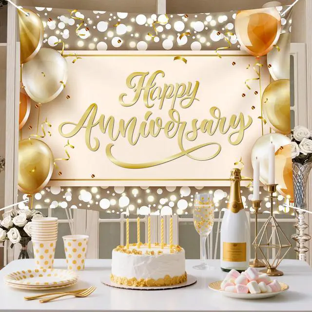Alt view image 2 of 6 - Happy Anniversary Backdrop Banner Pink Gold Glitter Photography Background for Wedding Couples Party Decor 72x43 Inch