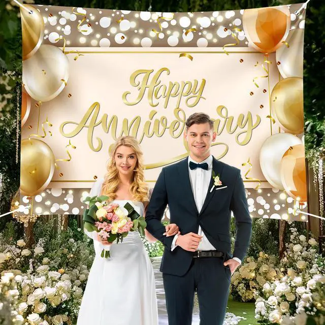 Alt view image 4 of 6 - Happy Anniversary Backdrop Banner Pink Gold Glitter Photography Background for Wedding Couples Party Decor 72x43 Inch
