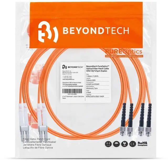 Alt view image 7 of 7 - 1m (3.28ft) LC to ST Fiber Patch Cable (2-Pack) UPC Multimode Duplex Fiber Optic Cable 50/125µm core, Compatible with OM2 LSZH PUREOptics Series