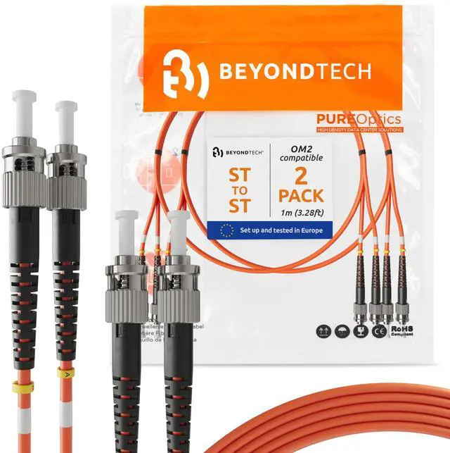Main image of 1m (3.28ft) ST to ST Fiber Patch Cable (2-Pack) UPC Multimode Duplex Fiber Optic Cable 50/125µm core, Compatible with OM2 LSZH PUREOptics Series