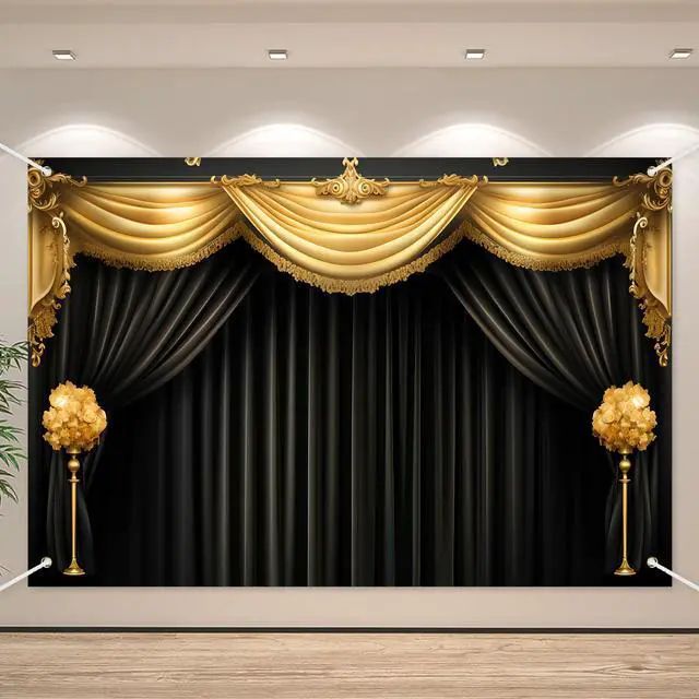Main image of Black Gold Curtain Backdrop Banner Theater Stage Curtain Theme Background Decor for Adults Kids VIP Magic Shows TV Shows Birthday Party Decorations Photo Booth Props Supplies 70.8x47.2in