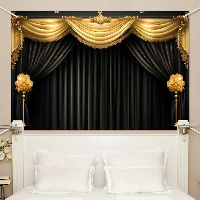 Alt view image 2 of 7 - Black Gold Curtain Backdrop Banner Theater Stage Curtain Theme Background Decor for Adults Kids VIP Magic Shows TV Shows Birthday Party Decorations Photo Booth Props Supplies 70.8x47.2in
