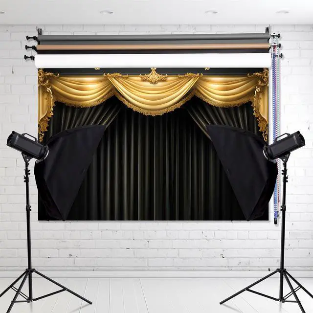 Alt view image 4 of 7 - Black Gold Curtain Backdrop Banner Theater Stage Curtain Theme Background Decor for Adults Kids VIP Magic Shows TV Shows Birthday Party Decorations Photo Booth Props Supplies 70.8x47.2in