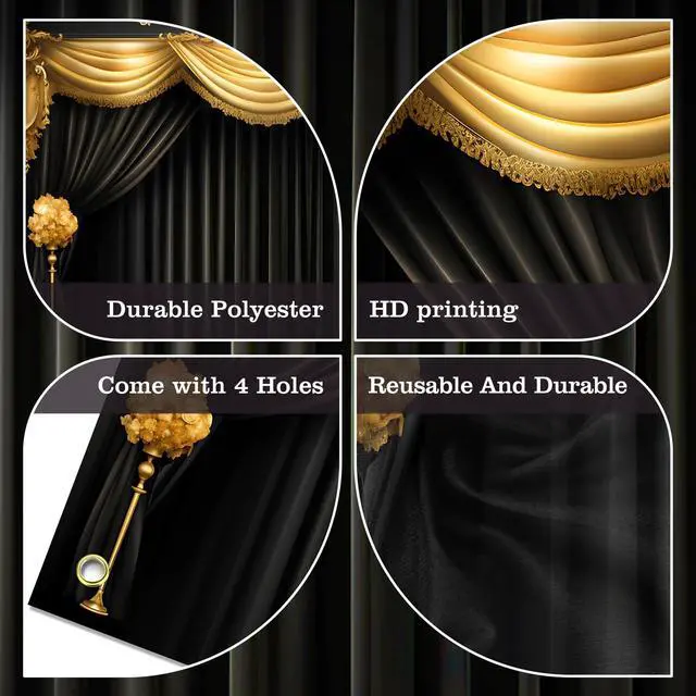 Alt view image 6 of 7 - Black Gold Curtain Backdrop Banner Theater Stage Curtain Theme Background Decor for Adults Kids VIP Magic Shows TV Shows Birthday Party Decorations Photo Booth Props Supplies 70.8x47.2in