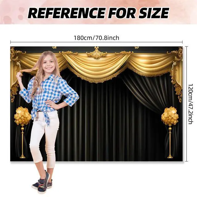 Alt view image 7 of 7 - Black Gold Curtain Backdrop Banner Theater Stage Curtain Theme Background Decor for Adults Kids VIP Magic Shows TV Shows Birthday Party Decorations Photo Booth Props Supplies 70.8x47.2in