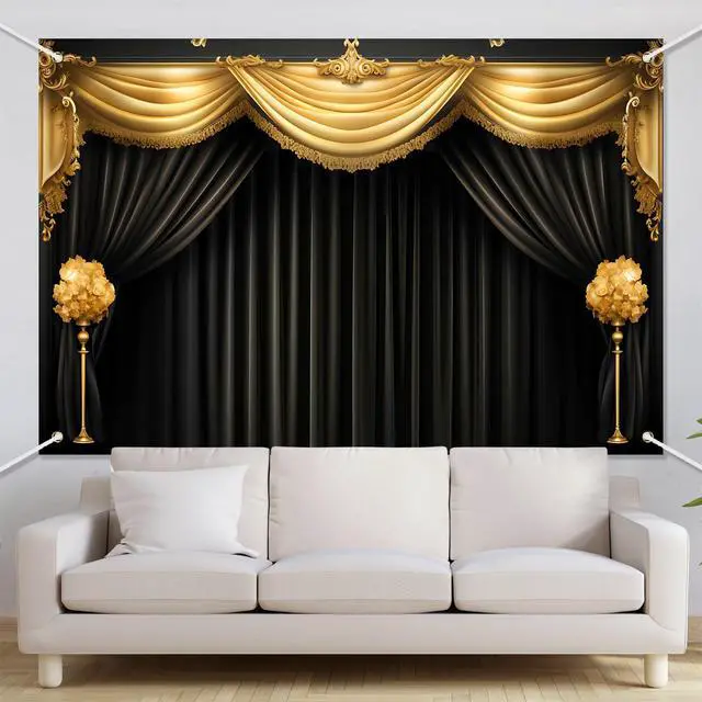 Alt view image 3 of 7 - Black Gold Curtain Backdrop Banner Theater Stage Curtain Theme Background Decor for Adults Kids VIP Magic Shows TV Shows Birthday Party Decorations Photo Booth Props Supplies 70.8x47.2in