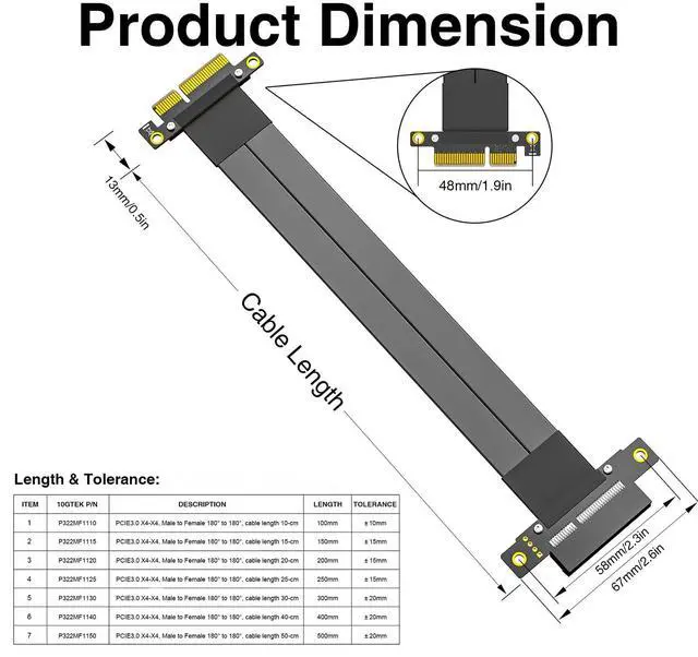 Alt view image 5 of 6 - PCIe 3.0 x4 Extension Cable, Male Straight to Female Straight for GPU/SSD/Server, 20cm/0.66ft