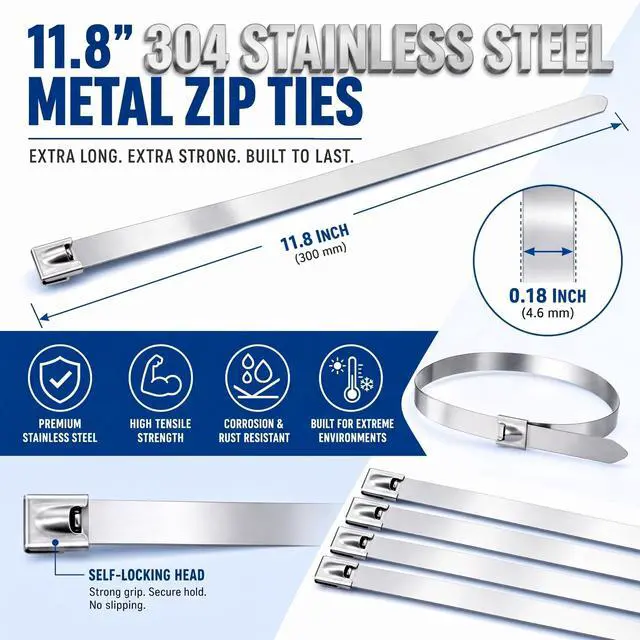 Alt view image 2 of 6 - 150 Pcs Metal Zip Ties 11.8 Inch 304 Stainless Steel Zip Ties Heavy Duty Self Locking Cable Tie for Chain Link Fence Exhaust Wrap Weather Resistant Fence Tie for Garden Outdoor Pipe Repair