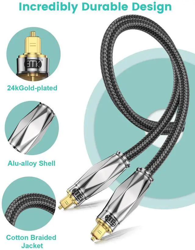 Alt view image 5 of 7 - Optical Audio Cable, 1.5M, Black, Male-to-Male, Toslink, 5Gbps, For Soundbar, TV, Home Theater, DVD Player, Gaming Console, Speaker, Projector, Headphones