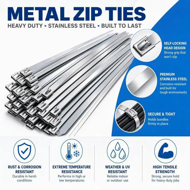 Alt view image 3 of 6 - 150 Pcs Metal Zip Ties 11.8 Inch 304 Stainless Steel Zip Ties Heavy Duty Self Locking Cable Tie for Chain Link Fence Exhaust Wrap Weather Resistant Fence Tie for Garden Outdoor Pipe Repair