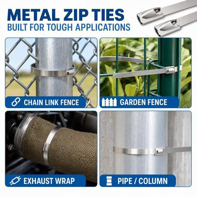 Alt view image 4 of 6 - 150 Pcs Metal Zip Ties 11.8 Inch 304 Stainless Steel Zip Ties Heavy Duty Self Locking Cable Tie for Chain Link Fence Exhaust Wrap Weather Resistant Fence Tie for Garden Outdoor Pipe Repair