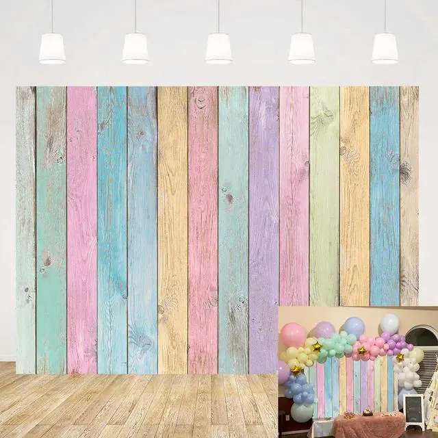 Alt view image 2 of 7 - Colorful Wood Photography Backdrops Easter Pastel Rustic Rainbow Wood Spring Background Girls Boys Kids Baby Portrait Baby Shower Birthday Party Decorations Photo Props (7x5FT)
