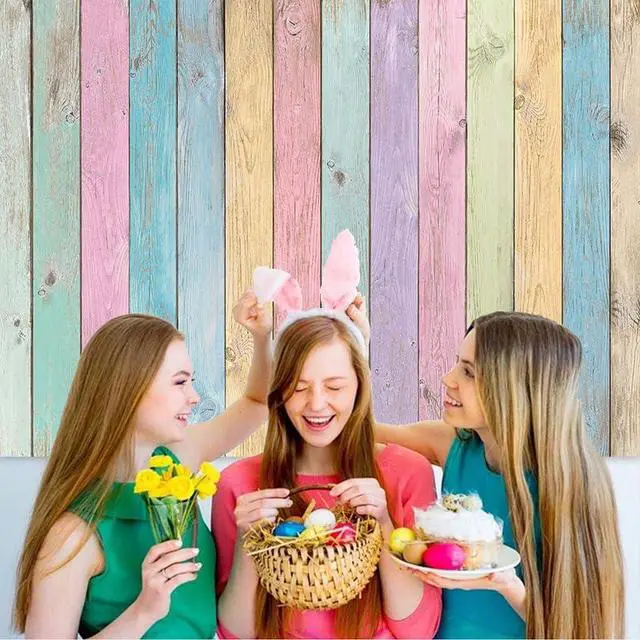 Alt view image 3 of 7 - Colorful Wood Photography Backdrops Easter Pastel Rustic Rainbow Wood Spring Background Girls Boys Kids Baby Portrait Baby Shower Birthday Party Decorations Photo Props (7x5FT)