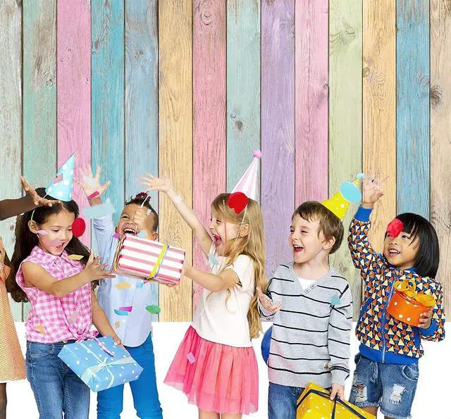 Alt view image 5 of 7 - Colorful Wood Photography Backdrops Easter Pastel Rustic Rainbow Wood Spring Background Girls Boys Kids Baby Portrait Baby Shower Birthday Party Decorations Photo Props (7x5FT)
