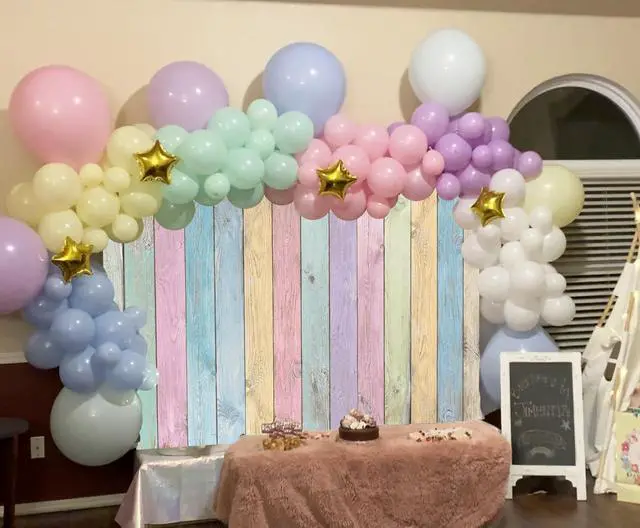 Alt view image 4 of 7 - Colorful Wood Photography Backdrops Easter Pastel Rustic Rainbow Wood Spring Background Girls Boys Kids Baby Portrait Baby Shower Birthday Party Decorations Photo Props (7x5FT)