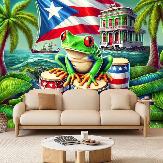 Alt view image 2 of 7 - Puerto Rico Backdrop Coqui Frog Flag and Drums 8x6ft | Puerto Rico Party Backdrop with Puerto Rican Flag Drums Palm Trees for Cultural Indoor Outdoor Photo Booth Decoration