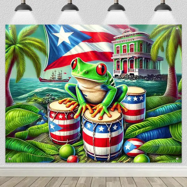 Main image of Puerto Rico Backdrop Coqui Frog Flag and Drums 8x6ft | Puerto Rico Party Backdrop with Puerto Rican Flag Drums Palm Trees for Cultural Indoor Outdoor Photo Booth Decoration