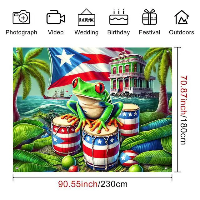 Alt view image 3 of 7 - Puerto Rico Backdrop Coqui Frog Flag and Drums 8x6ft | Puerto Rico Party Backdrop with Puerto Rican Flag Drums Palm Trees for Cultural Indoor Outdoor Photo Booth Decoration