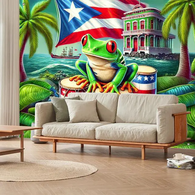 Alt view image 4 of 7 - Puerto Rico Backdrop Coqui Frog Flag and Drums 8x6ft | Puerto Rico Party Backdrop with Puerto Rican Flag Drums Palm Trees for Cultural Indoor Outdoor Photo Booth Decoration