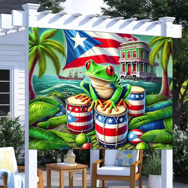Alt view image 5 of 7 - Puerto Rico Backdrop Coqui Frog Flag and Drums 8x6ft | Puerto Rico Party Backdrop with Puerto Rican Flag Drums Palm Trees for Cultural Indoor Outdoor Photo Booth Decoration