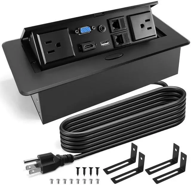 Main image of Conference Table Power Hub, Pop Up Outlet with Mounting Bracket | 2 AC Outlets, 4KHDMI, USB, VGA, 3.5MM Audio, 9.8Ft Cable for Office Meeting Desks