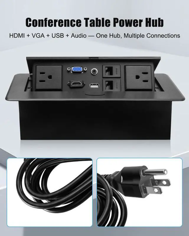Alt view image 2 of 6 - Conference Table Power Hub, Pop Up Outlet with Mounting Bracket | 2 AC Outlets, 4KHDMI, USB, VGA, 3.5MM Audio, 9.8Ft Cable for Office Meeting Desks