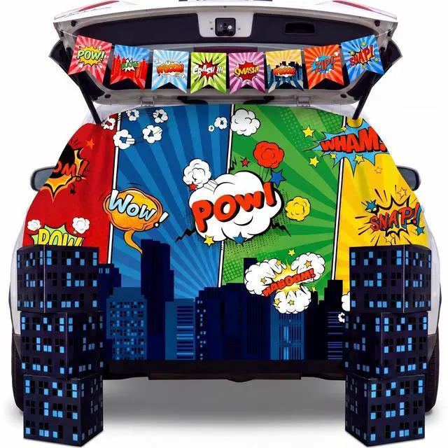 Main image of 9 Pcs Hero Theme Trunk or Treat Car Decorations Kit with City Backdrop, 6 Skyscraper Boxes & 2 Banners with 13 Flags for SUV Garage Door Outdoor Halloween Party Supplies