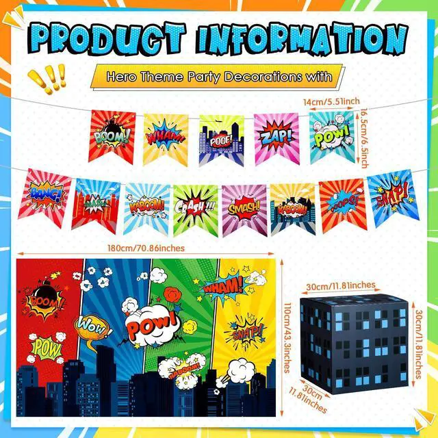 Alt view image 2 of 6 - 9 Pcs Hero Theme Trunk or Treat Car Decorations Kit with City Backdrop, 6 Skyscraper Boxes & 2 Banners with 13 Flags for SUV Garage Door Outdoor Halloween Party Supplies