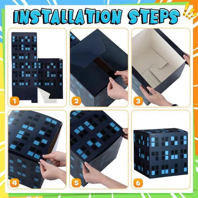 Alt view image 3 of 6 - 9 Pcs Hero Theme Trunk or Treat Car Decorations Kit with City Backdrop, 6 Skyscraper Boxes & 2 Banners with 13 Flags for SUV Garage Door Outdoor Halloween Party Supplies