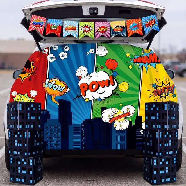 Alt view image 4 of 6 - 9 Pcs Hero Theme Trunk or Treat Car Decorations Kit with City Backdrop, 6 Skyscraper Boxes & 2 Banners with 13 Flags for SUV Garage Door Outdoor Halloween Party Supplies