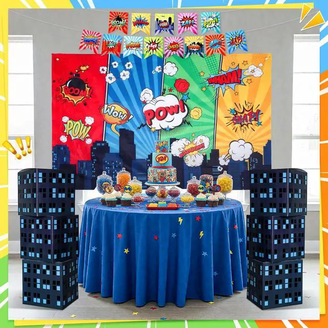 Alt view image 5 of 6 - 9 Pcs Hero Theme Trunk or Treat Car Decorations Kit with City Backdrop, 6 Skyscraper Boxes & 2 Banners with 13 Flags for SUV Garage Door Outdoor Halloween Party Supplies