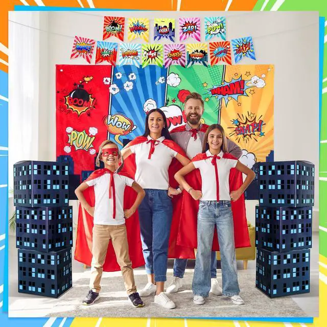 Alt view image 6 of 6 - 9 Pcs Hero Theme Trunk or Treat Car Decorations Kit with City Backdrop, 6 Skyscraper Boxes & 2 Banners with 13 Flags for SUV Garage Door Outdoor Halloween Party Supplies