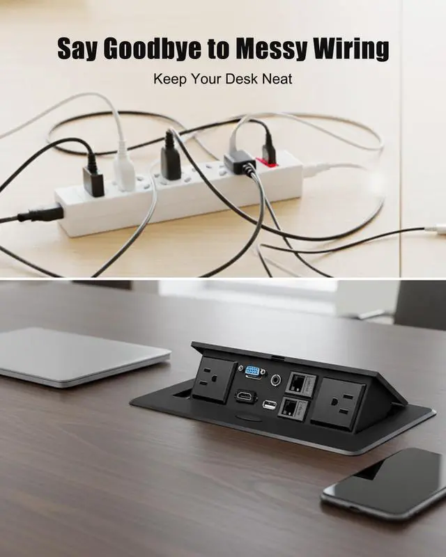 Alt view image 5 of 6 - Conference Table Power Hub, Pop Up Outlet with Mounting Bracket | 2 AC Outlets, 4KHDMI, USB, VGA, 3.5MM Audio, 9.8Ft Cable for Office Meeting Desks