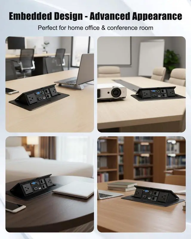 Alt view image 6 of 6 - Conference Table Power Hub, Pop Up Outlet with Mounting Bracket | 2 AC Outlets, 4KHDMI, USB, VGA, 3.5MM Audio, 9.8Ft Cable for Office Meeting Desks