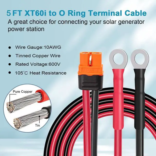Alt view image 3 of 7 - XT60i to O Ring Terminal Cable 10 AWG 5FT XT60i Female to O Ring Connector XT60i-F Extension Cable for Portable Power Station Solar Generator