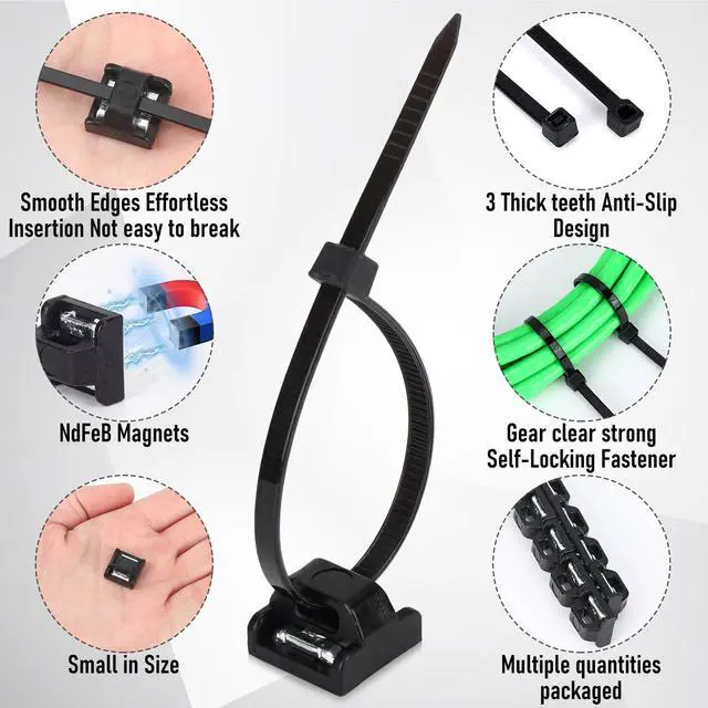 Alt view image 3 of 6 - 25 Sets Magnetic Zip Tie Mounts with Nylon Cable Ties, Mini Magnet Base Wire Holder Clips, Reusable Multipurpose Cord Management Organizer for Home Office Marine Desk