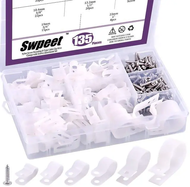 Main image of 135 Pack 6 Sizes White Nylon Plastic R-Type Cable Clips Clamp Assortment Kit, 1/4" 5/16" 3/8" 1/2" 3/4" 1" Nylon Screw Mounting Cord Fastener Clips with 135 Pack Screws for Wire Management