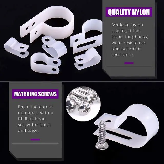 Alt view image 3 of 7 - 135 Pack 6 Sizes White Nylon Plastic R-Type Cable Clips Clamp Assortment Kit, 1/4" 5/16" 3/8" 1/2" 3/4" 1" Nylon Screw Mounting Cord Fastener Clips with 135 Pack Screws for Wire Management