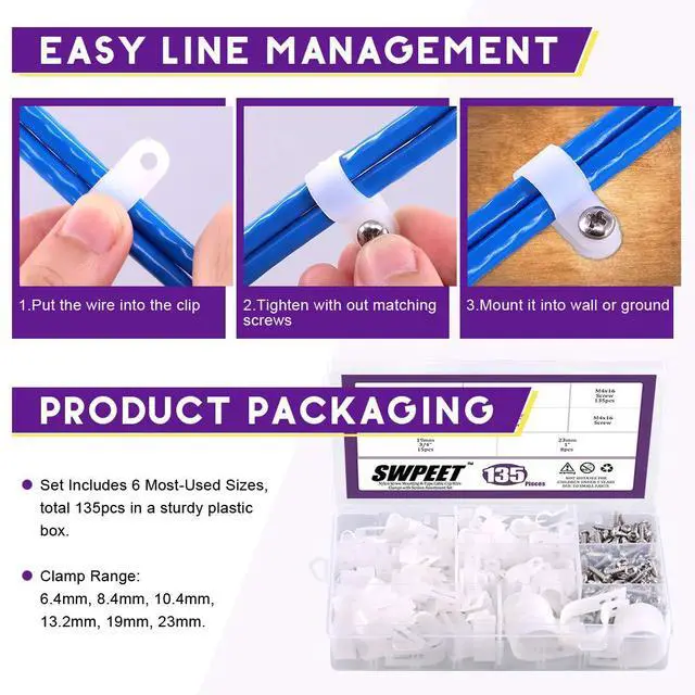 Alt view image 5 of 7 - 135 Pack 6 Sizes White Nylon Plastic R-Type Cable Clips Clamp Assortment Kit, 1/4" 5/16" 3/8" 1/2" 3/4" 1" Nylon Screw Mounting Cord Fastener Clips with 135 Pack Screws for Wire Management