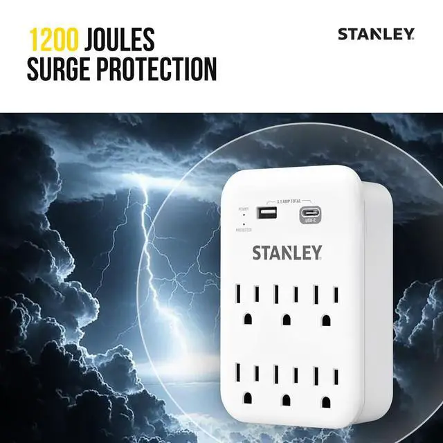 Alt view image 2 of 6 - Surgepro Surge Protector Outlet Extender with 6 Grounded Outlets 1 USB-C and USB-A (3.1A) Ports 1200 Joules Surge Protection 125V/15A 1875W Wall Adapter for Homes and Shared Spaces ETL Listed