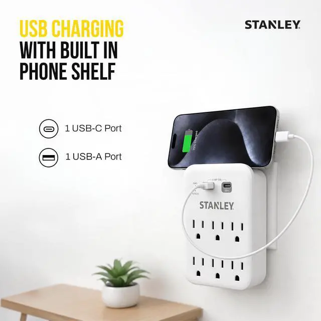 Alt view image 3 of 6 - Surgepro Surge Protector Outlet Extender with 6 Grounded Outlets 1 USB-C and USB-A (3.1A) Ports 1200 Joules Surge Protection 125V/15A 1875W Wall Adapter for Homes and Shared Spaces ETL Listed