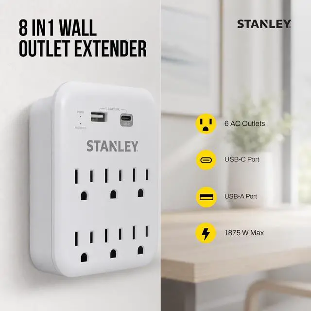 Alt view image 4 of 6 - Surgepro Surge Protector Outlet Extender with 6 Grounded Outlets 1 USB-C and USB-A (3.1A) Ports 1200 Joules Surge Protection 125V/15A 1875W Wall Adapter for Homes and Shared Spaces ETL Listed