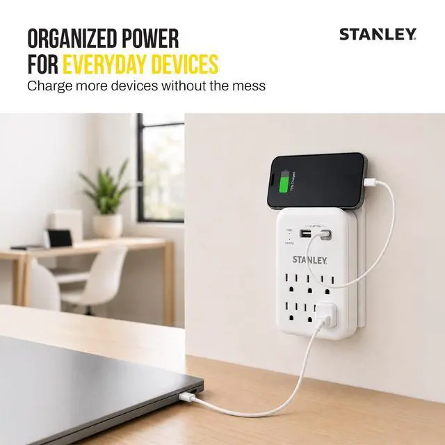 Alt view image 6 of 6 - Surgepro Surge Protector Outlet Extender with 6 Grounded Outlets 1 USB-C and USB-A (3.1A) Ports 1200 Joules Surge Protection 125V/15A 1875W Wall Adapter for Homes and Shared Spaces ETL Listed