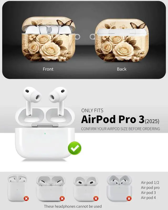 Alt view image 3 of 6 - Compatible with AirPod Pro 3 Case 2025,Shockproof Hard Protective Case,Wireless Charging Compatible, Trendy Elegant Design Cover for Women Men(Elegant Floral Rose Butterfly)