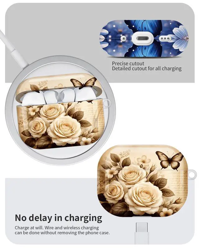 Alt view image 6 of 6 - Compatible with AirPod Pro 3 Case 2025,Shockproof Hard Protective Case,Wireless Charging Compatible, Trendy Elegant Design Cover for Women Men(Elegant Floral Rose Butterfly)