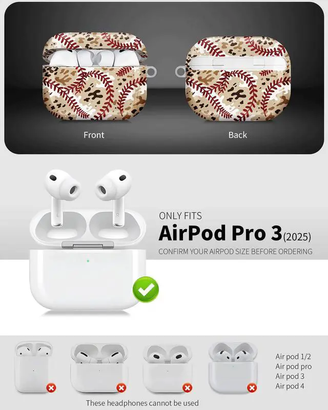 Alt view image 3 of 6 - Compatible with AirPod Pro 3 Case 2025,Shockproof Hard Protective Case,Wireless Charging Compatible, Trendy Elegant Design Cover for Women Men(Baseball Stitch Leopard)