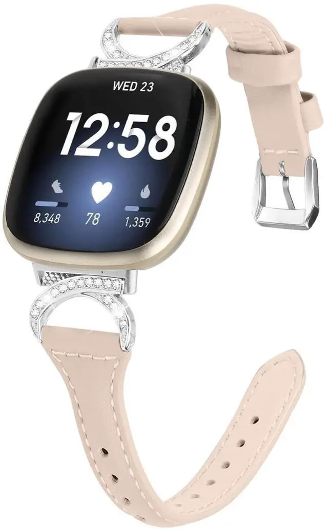 Main image of Compatible with Fitbit Sense 2/Fitbit Versa 4 3 Bands for Women Men, Soft Genuine Leather Band Slim Strap Replacement Accessory Wristband + Metal rhinestone Adapter