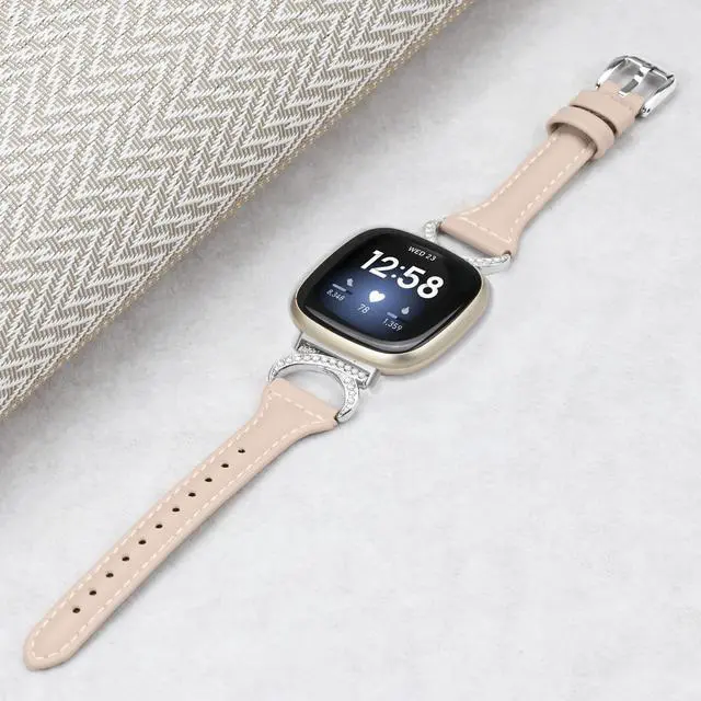 Alt view image 4 of 6 - Compatible with Fitbit Sense 2/Fitbit Versa 4 3 Bands for Women Men, Soft Genuine Leather Band Slim Strap Replacement Accessory Wristband + Metal rhinestone Adapter